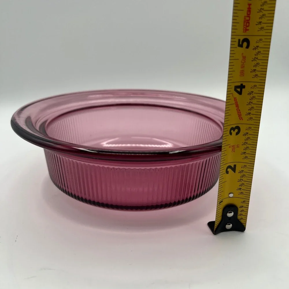 Corning Visions Cranberry Glass Casserole Dish V-30-B 24oz Ribbed Round Purple